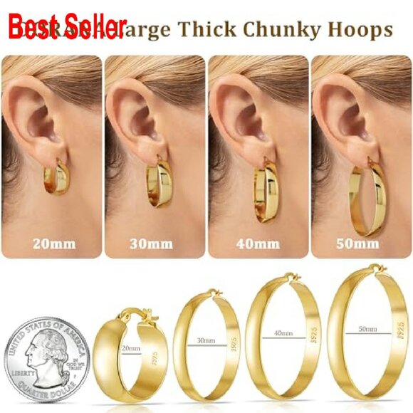 Sterling Silver Hoop Earrings 14K Gold Plated Hypoallergenic Lightweight - Picture 3 of 8